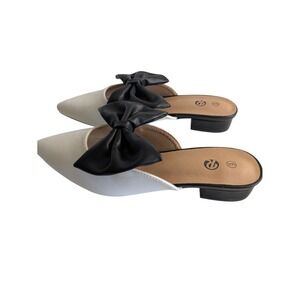 Rekayla Bow Mule Pointed Toe Slip On Block Heel Slides White Black Size 6 shoe‎